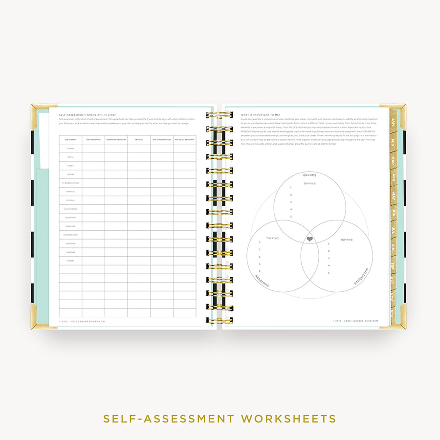 Day Designer 2024 mini weekly planner: Black Stripe cover with self assessment worksheet