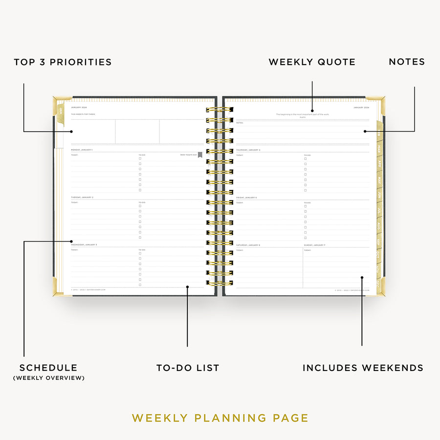 Day Designer 2024 weekly planner: Charcoal Bookcloth opened with captions of contents
