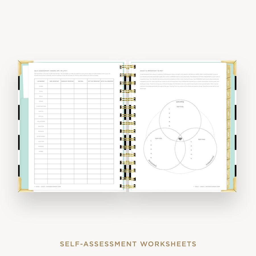 Day Designer 2024-25 mini daily planner: Black Stripe cover with self assessment worksheet