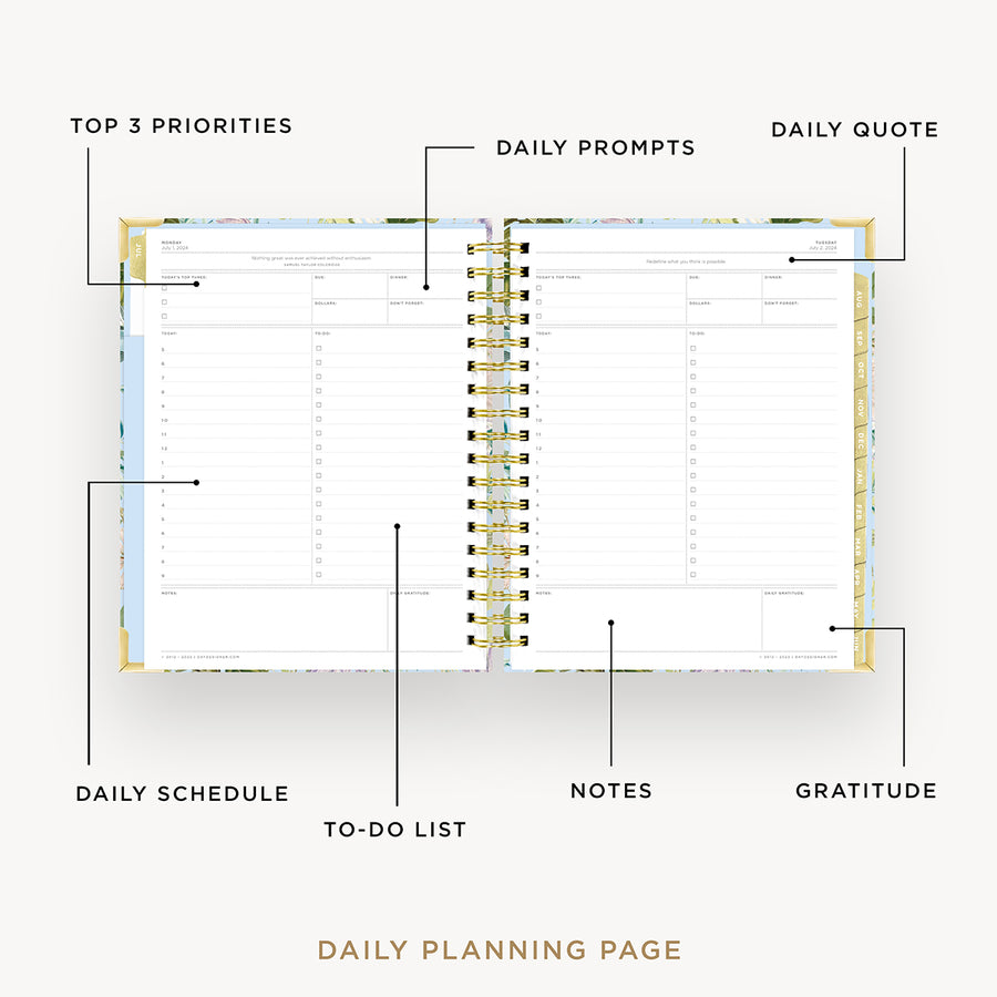 Day Designer 2024-25 daily planner: Palmetto opened with captions of contents