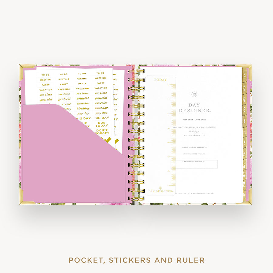 Day Designer 2024-25 mini daily planner: Camellia cover with pocket and gold stickers