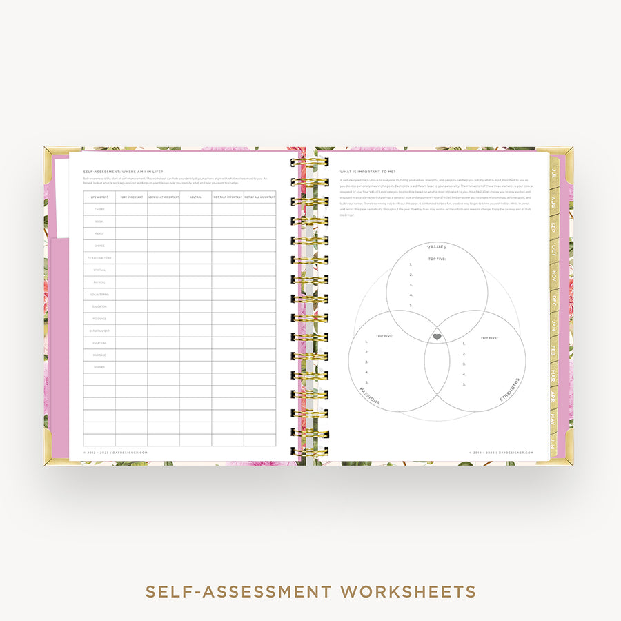 Day Designer 2024-25 mini daily planner: Camellia cover with self assessment worksheet