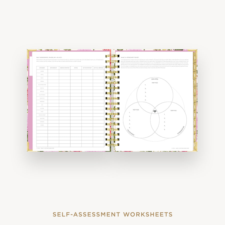 Day Designer 2024-25 daily planner: Camellia cover with self assessment worksheet