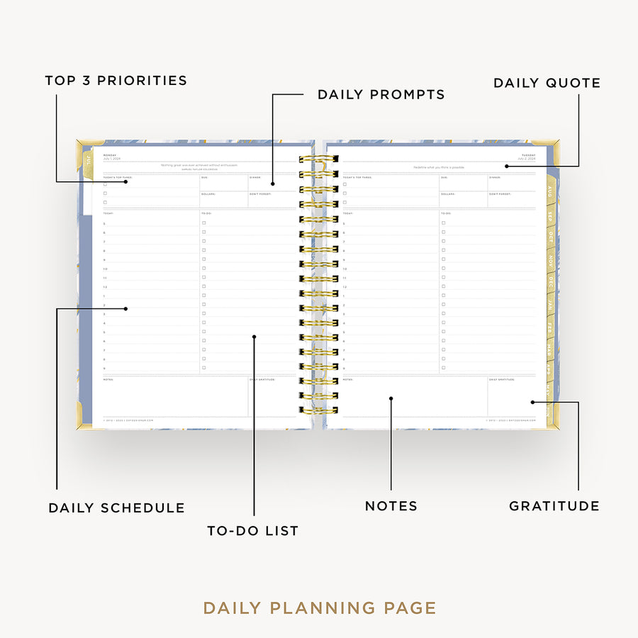 Day Designer 2024-25 daily planner: Azure opened with captions of contents