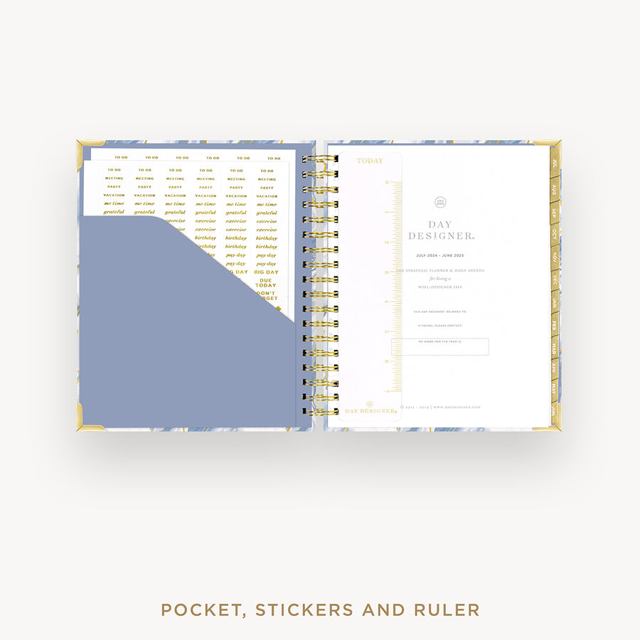 Day Designer 2024-25 daily planner: Azure cover with pocket and gold stickers