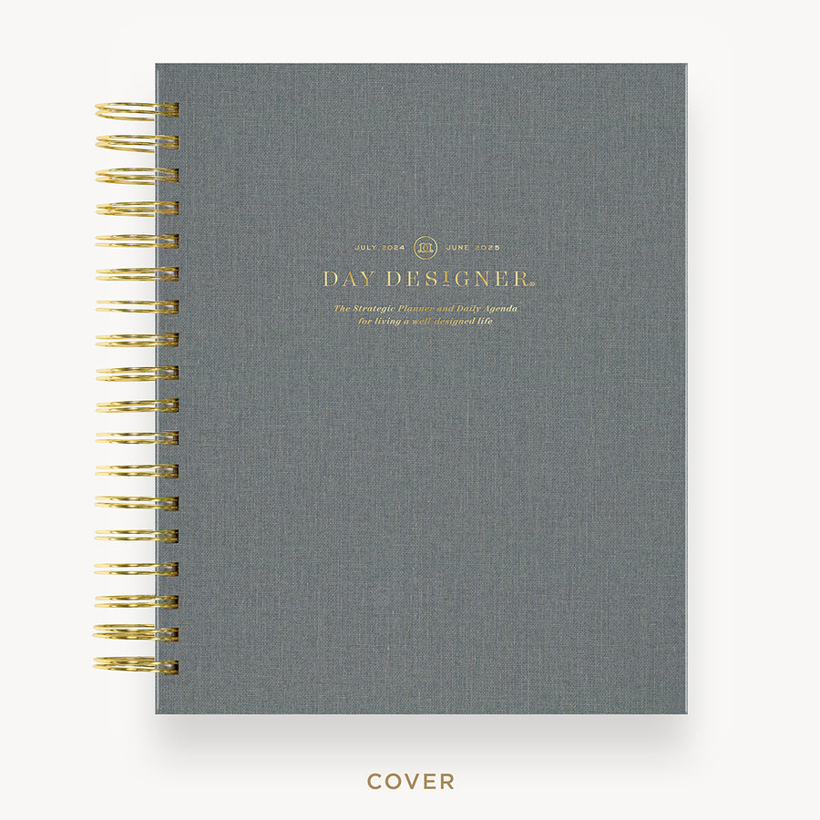 Day Designer 2024-25 daily planner: Charcoal Bookcloth hard cover, gold wire binding