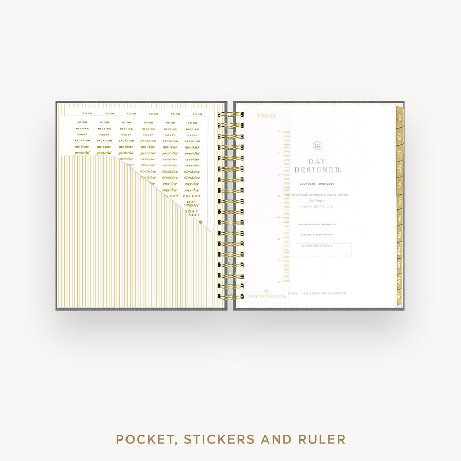 Day Designer 2024-25 daily planner: Charcoal Bookcloth cover with pocket and gold stickers