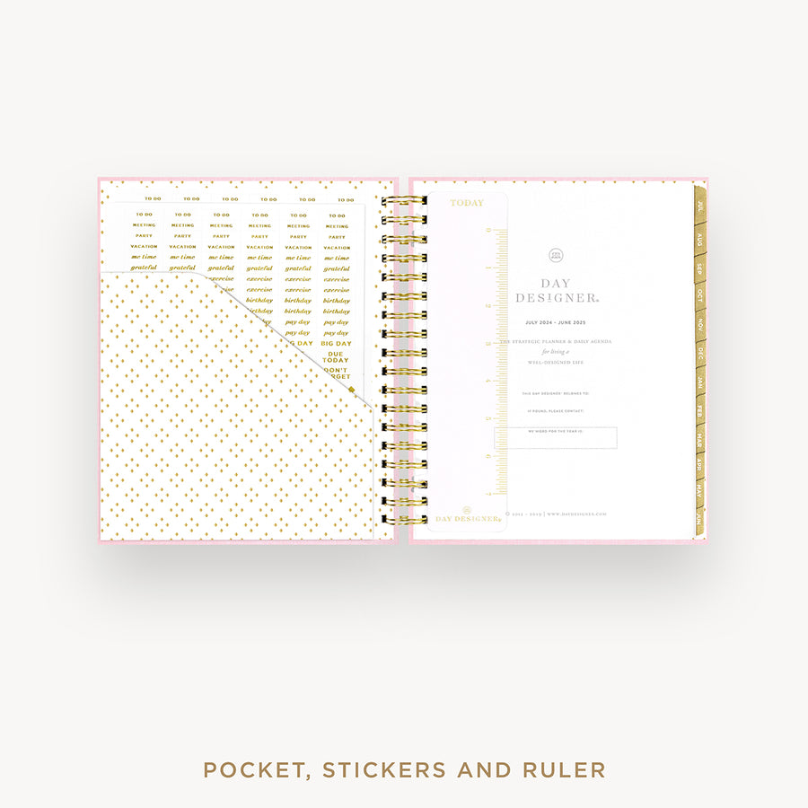 Day Designer 2024-25 daily planner: Peony Bookcloth cover with pocket and gold stickers