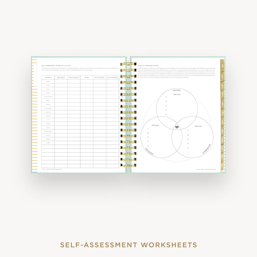 Day Designer 2024-25 daily planner: Sage Bookcloth cover with self assessment worksheet