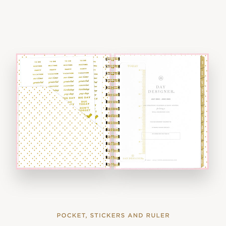 Day Designer 2024-25 mini daily planner: Peony Bookcloth cover with pocket and gold stickers