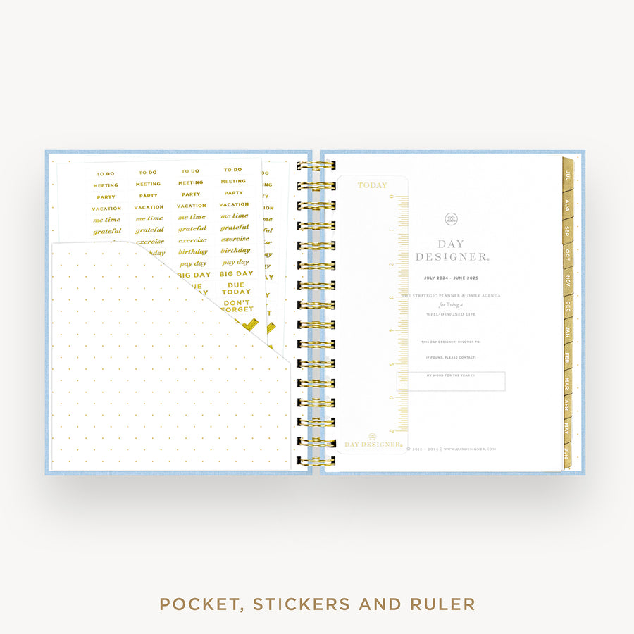 Day Designer 2024-25 mini daily planner: Chambray Bookcloth cover with pocket and gold stickers