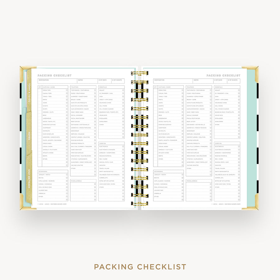 Day Designer 2024-25 mini weekly planner: Black Stripe cover with packing checklist