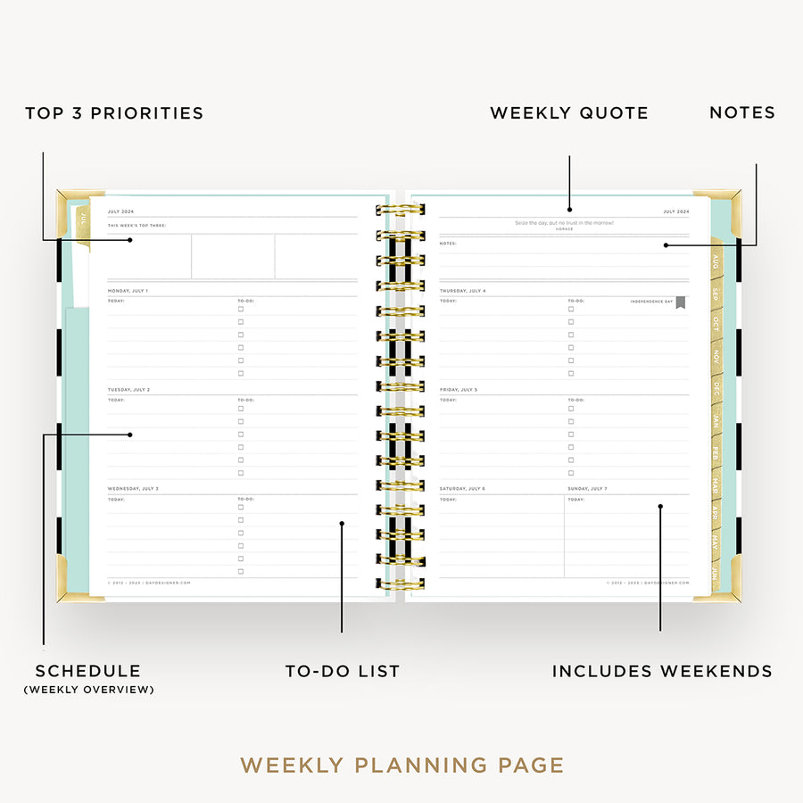 Day Designer 2024-25 mini weekly planner: Black Stripe opened with captions of contents