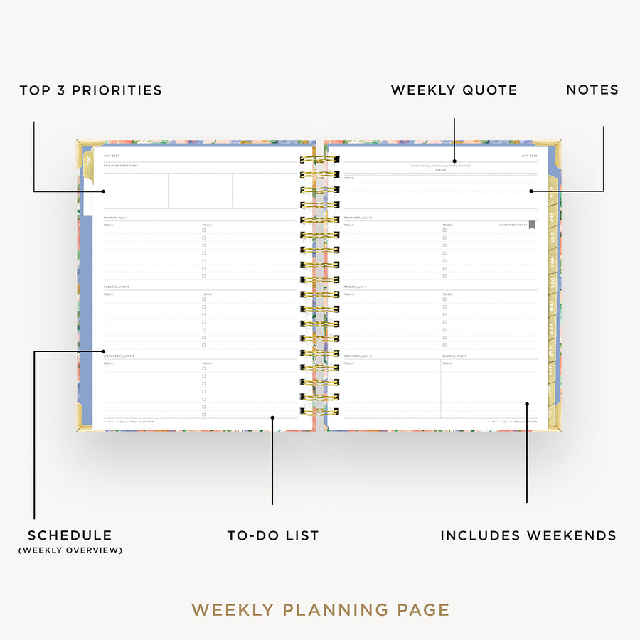 Day Designer 2024-25 weekly planner: Lorelei opened with captions of contents