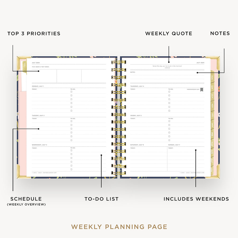 Day Designer 2024-25 mini weekly planner: Fresh Sprigs opened with captions of contents