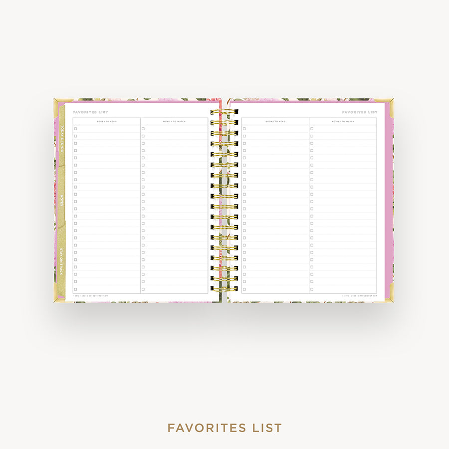 Day Designer 2024-25 weekly planner: Camellia cover with favorite books and movies pages