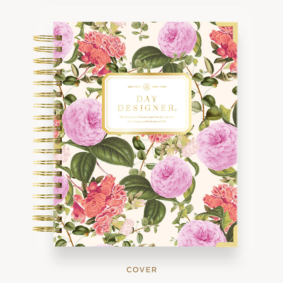 Day Designer 2024-25 weekly planner: Camellia hard cover, gold wire binding