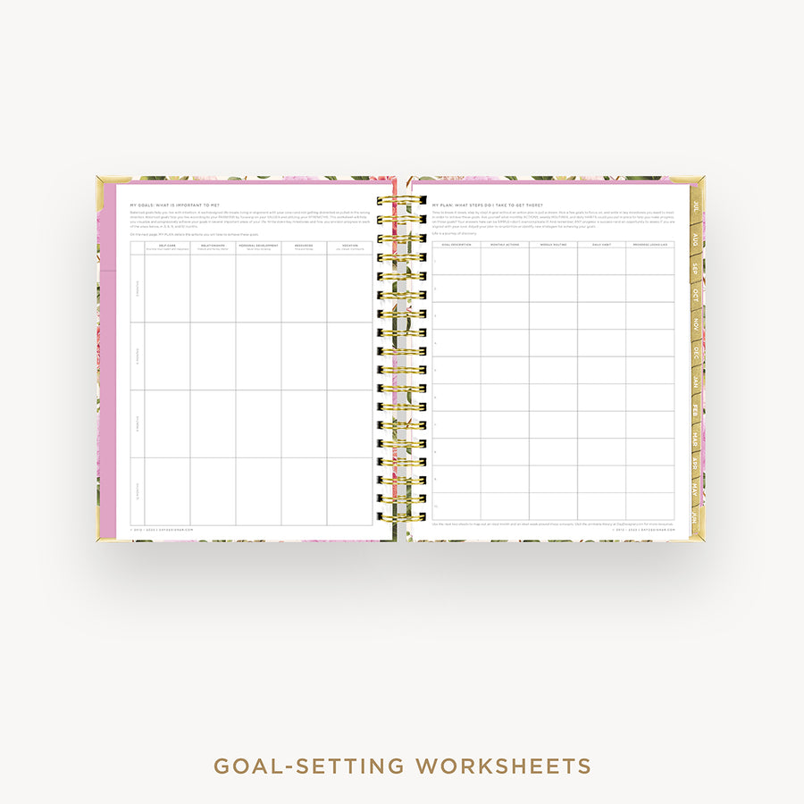Day Designer 2024-25 weekly planner: Camellia cover with goals worksheet