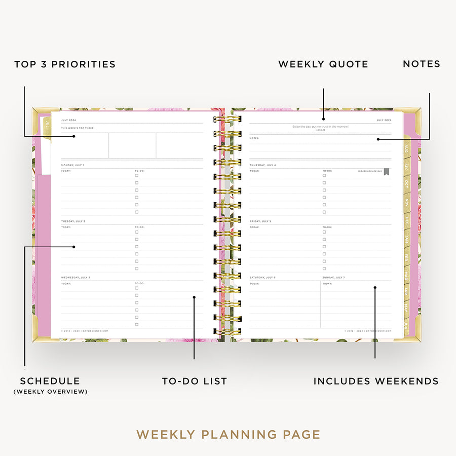 Day Designer 2024-25 mini weekly planner: Camellia opened with captions of contents