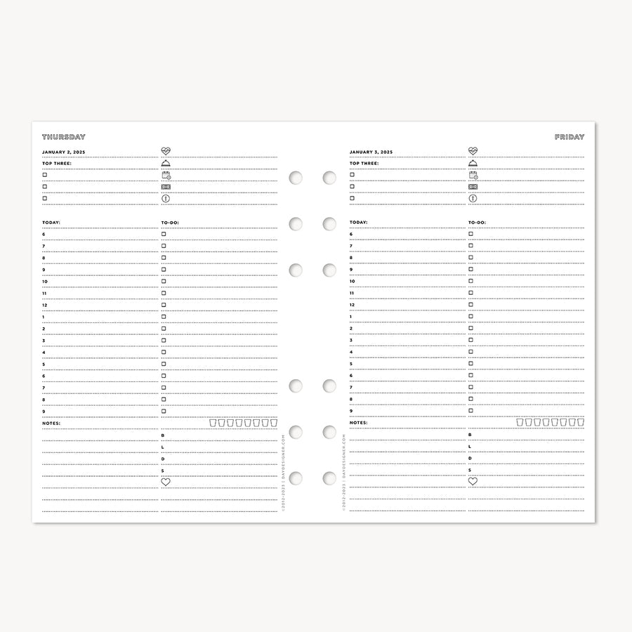 A5 Quarterly Planner Inserts: Dated Day on One Page (Q1 2025: Jan-March)
