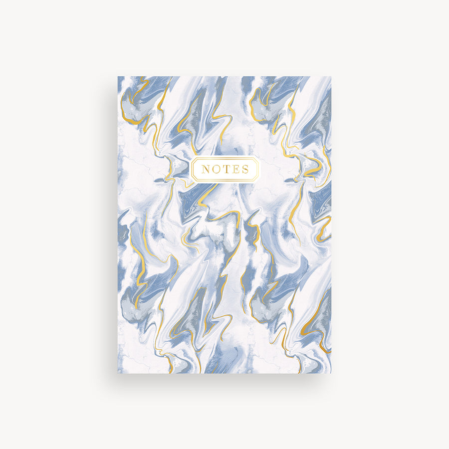 slim mini notebook with blue swirl pattern cover and gold accents 