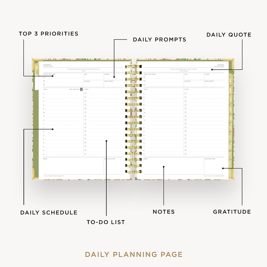 Day Designer 2025 daily planner: Menagerie opened with captions of contents