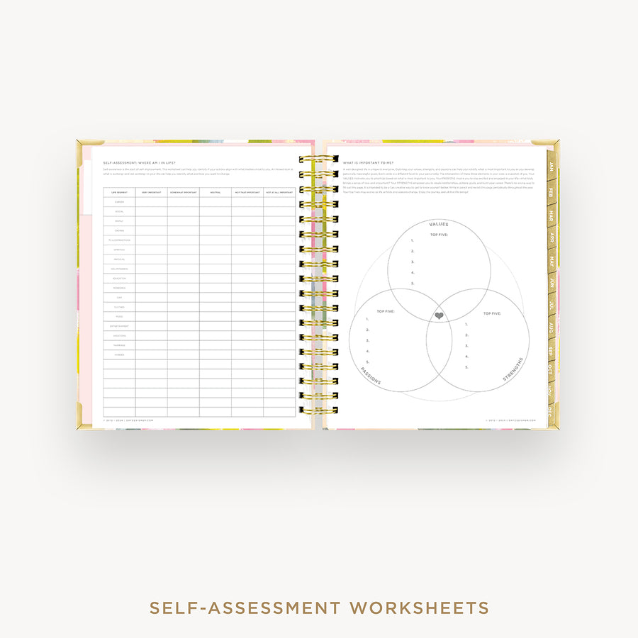 Day Designer 2025 daily planner: Serendipity cover with self assessment worksheet