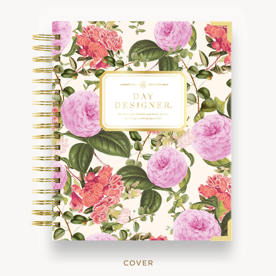 Day Designer 2025 daily planner: Camellia hard cover, gold wire binding