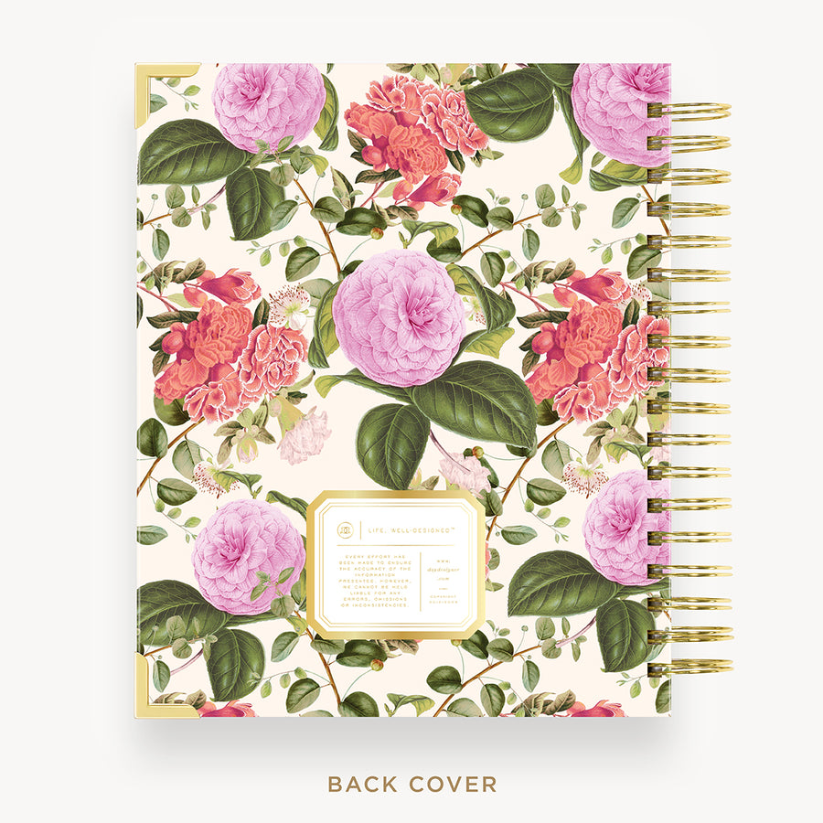 Day Designer 2025 daily planner: Camellia back cover with gold detail