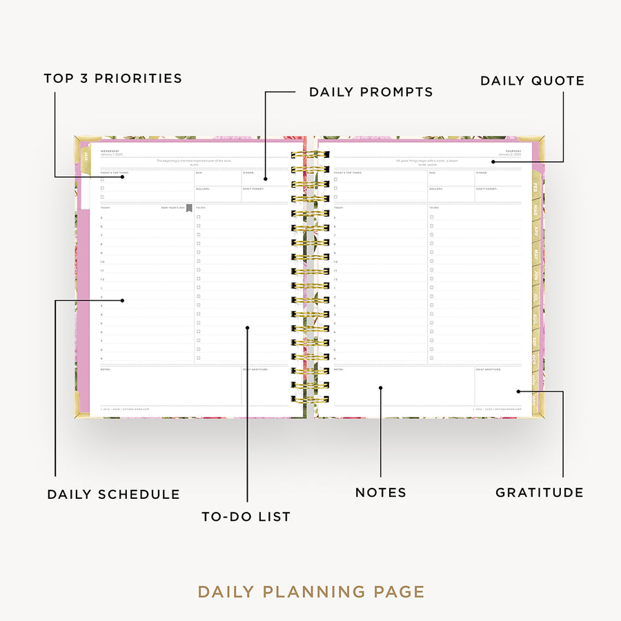 Day Designer 2025 daily planner: Camellia opened with captions of contents