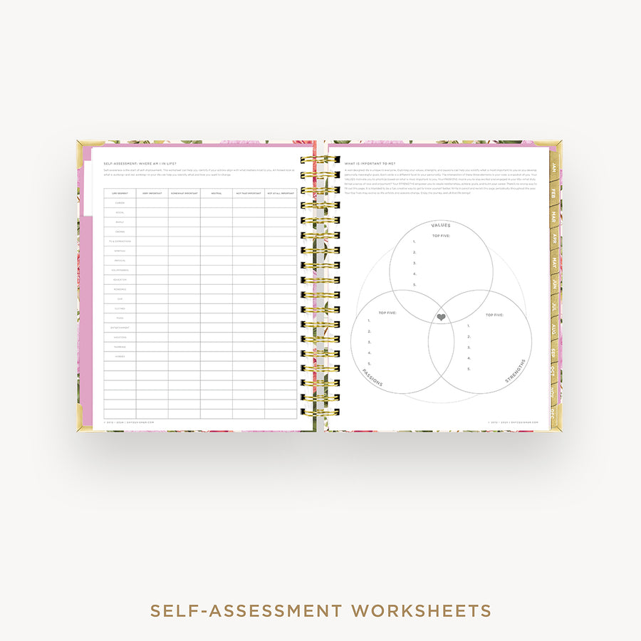 Day Designer 2025 daily planner: Camellia cover with self assessment worksheet