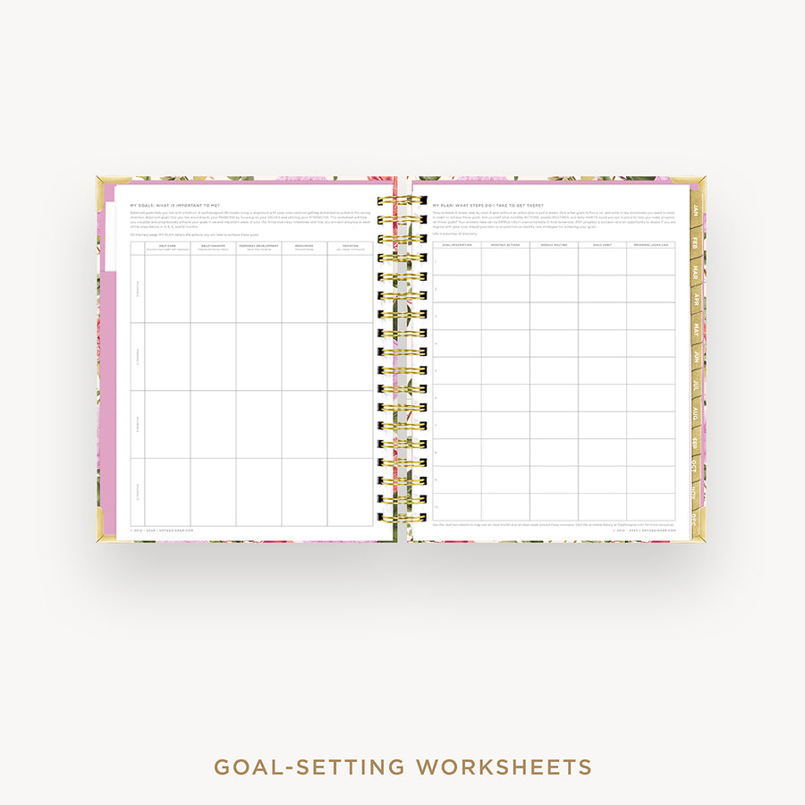 Day Designer 2025 daily planner: Camellia cover with goals worksheet