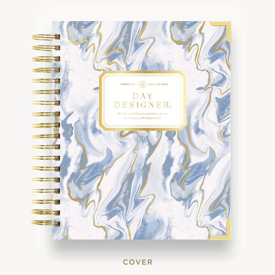 Day Designer 2025 daily planner: Azure hard cover, gold wire binding