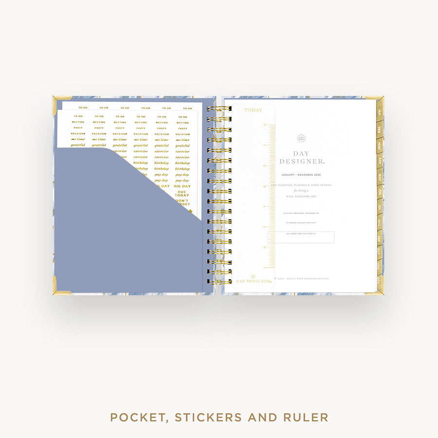 Day Designer 2025 daily planner: Azure cover with pocket and gold stickers