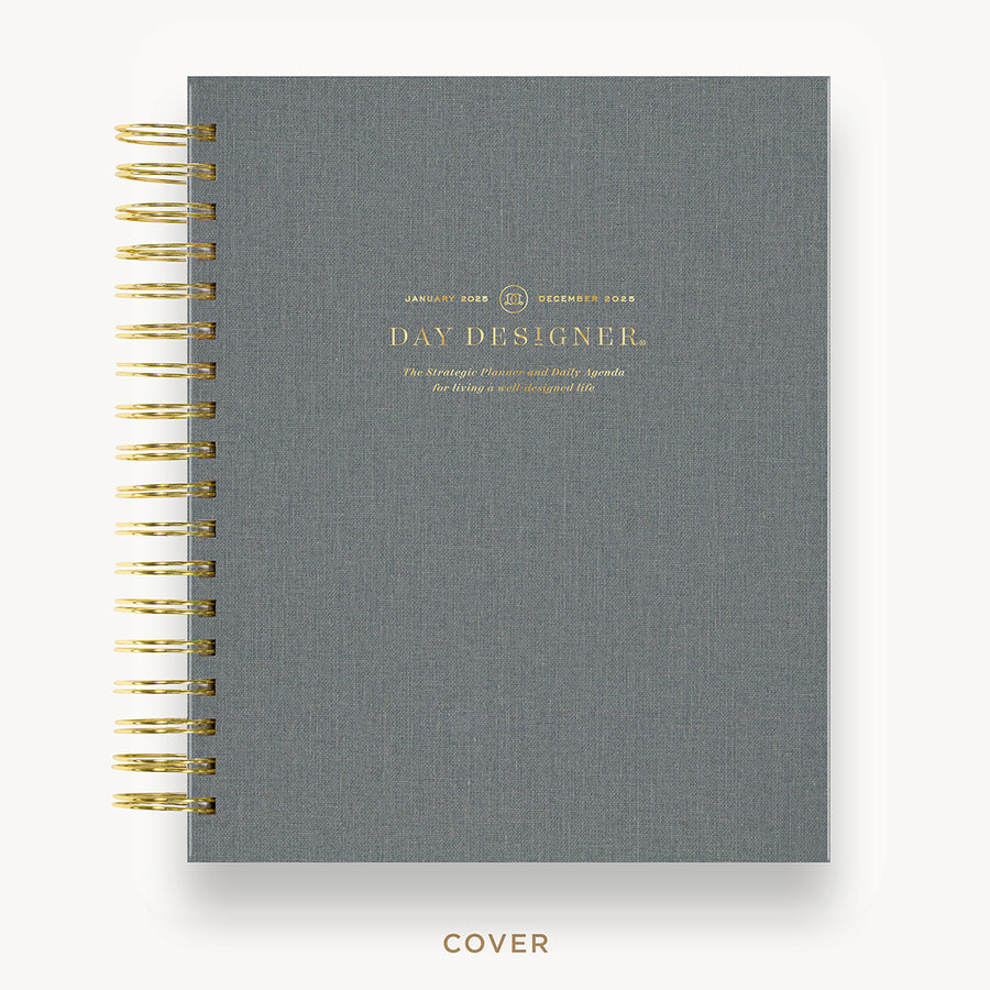 Day Designer 2025 daily planner: Charcoal Bookcloth hard cover, gold wire binding