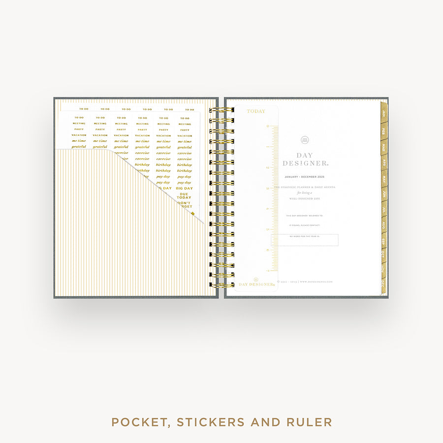 Day Designer 2025 daily planner: Charcoal Bookcloth cover with pocket and gold stickers