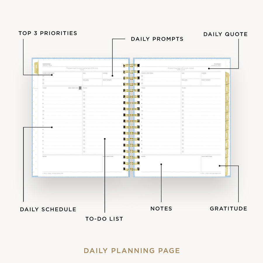 Day Designer 2025 daily planner: Chambray Bookcloth opened with captions of contents