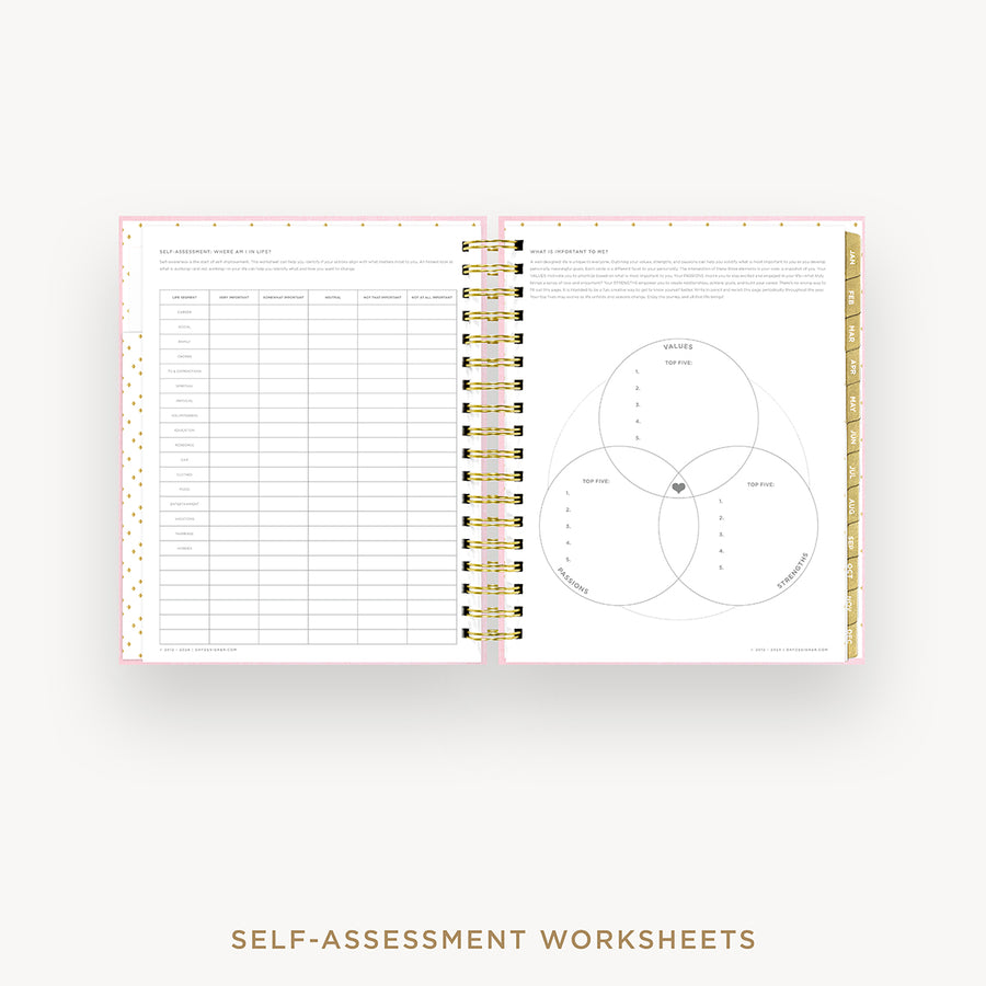 Day Designer 2025 daily planner: Peony Bookcloth cover with self assessment worksheet