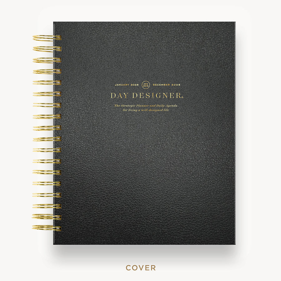 Day Designer 2025 daily planner: Classic Black Pebble Texture hard cover, gold wire binding