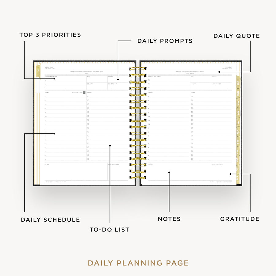 Day Designer 2025 daily planner: Classic Black Pebble Texture opened with captions of contents