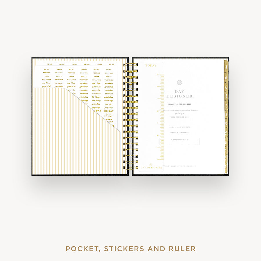 Day Designer 2025 daily planner: Classic Black Pebble Texture cover with pocket and gold stickers