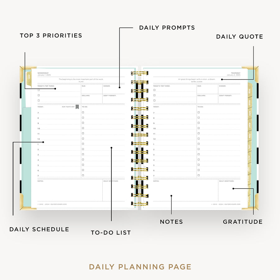 Day Designer 2025 mini daily planner: Black Stripe opened with captions of contents