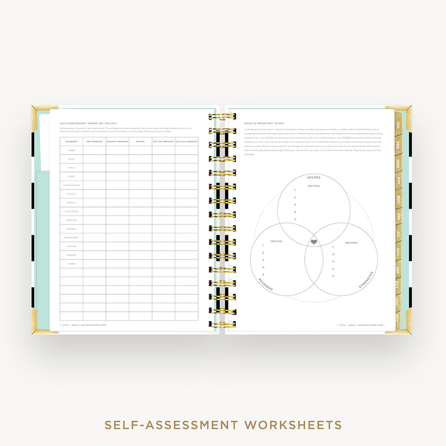 Day Designer 2025 mini daily planner: Black Stripe cover with self assessment worksheet