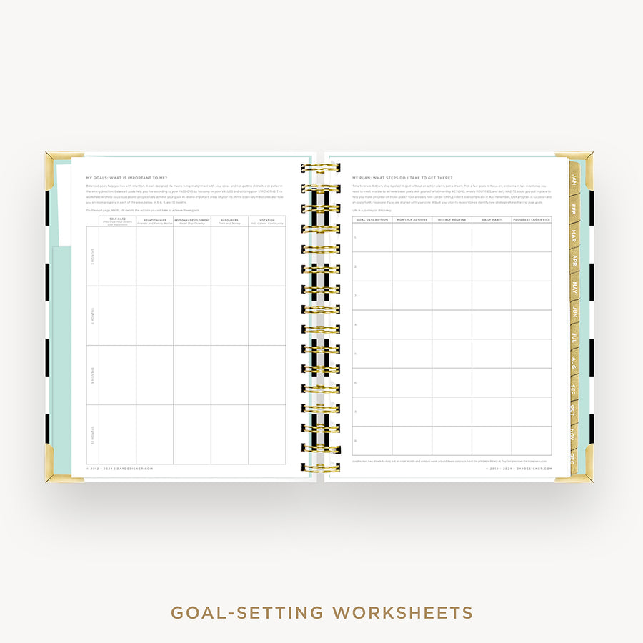 Day Designer 2025 mini daily planner: Black Stripe cover with goals worksheet