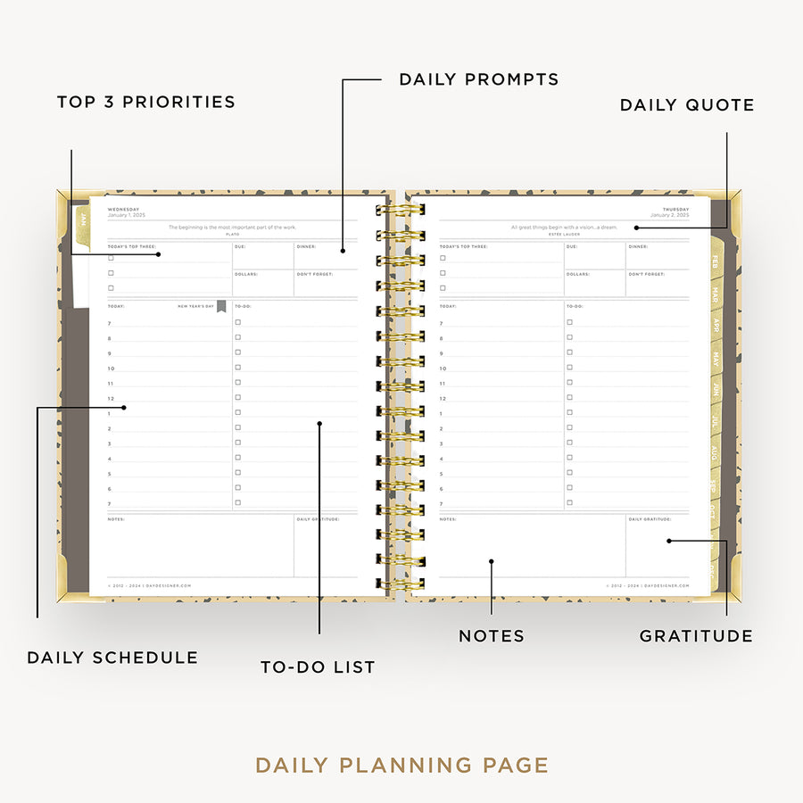 Day Designer 2025 mini daily planner: Savannah opened with captions of contents