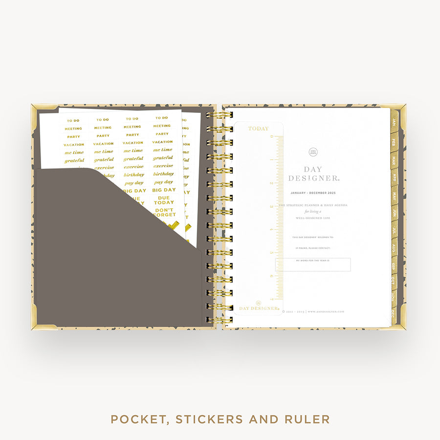 Day Designer 2025 mini daily planner: Savannah cover with pocket and gold stickers