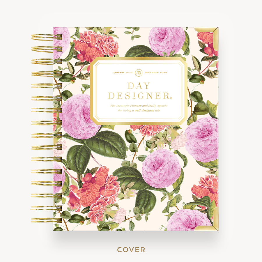 Day Designer 2025 mini daily planner: Camellia hard cover, gold wire binding