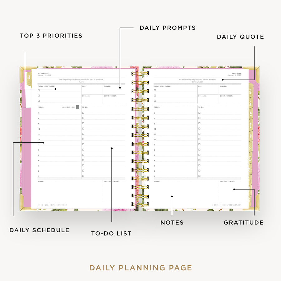 Day Designer 2025 mini daily planner: Camellia opened with captions of contents