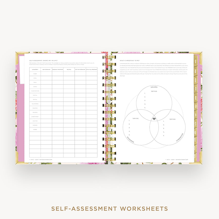 Day Designer 2025 mini daily planner: Camellia cover with self assessment worksheet