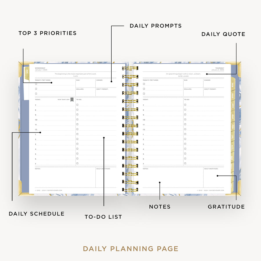 Day Designer 2025 mini daily planner: Azure opened with captions of contents